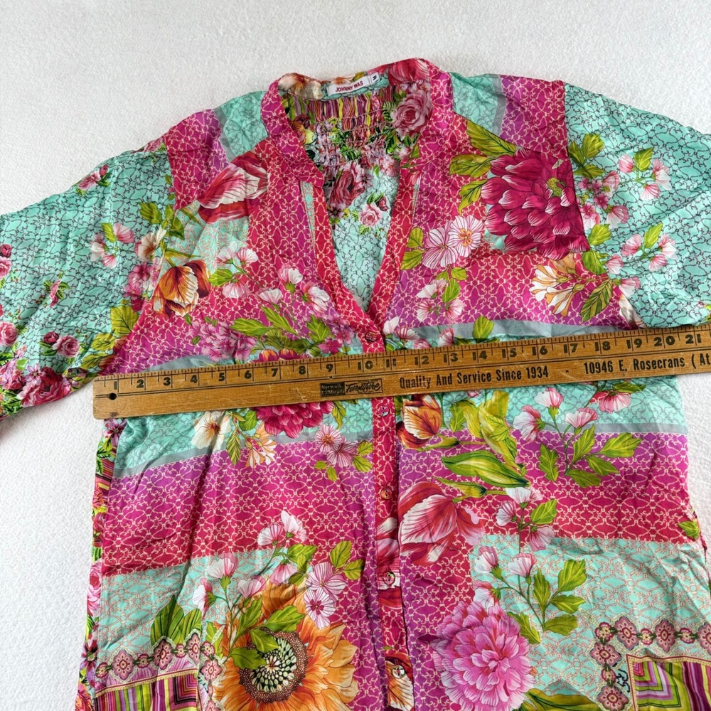 Johnny Was Womens Medium Silk Floral Patchwork Button Down Blouse Pink Turquoise - Picture 3 of 6